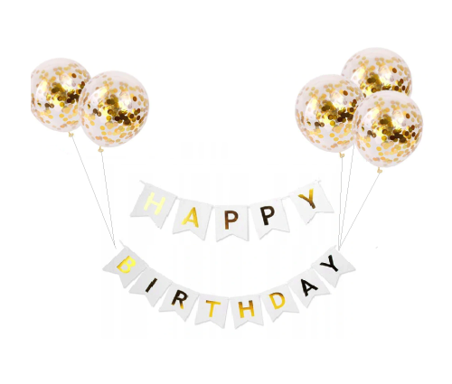 Zestaw baner Happy Birthday biały z balonami konfetti