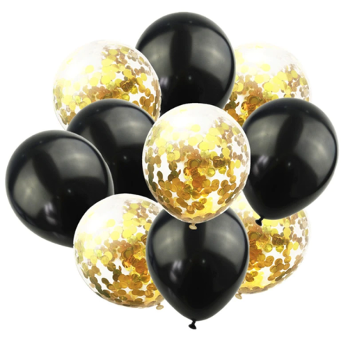 Dekoracje balonowe czarno złote 10 sztuk 30cm z konfetti Urodziny Zestaw