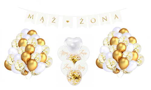 Balony na ślub wesele białe konfetti baner mąż hel