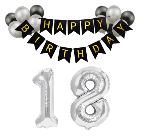 Zestaw na urodziny Baner Happy czarny srebrne cyfry 0-99