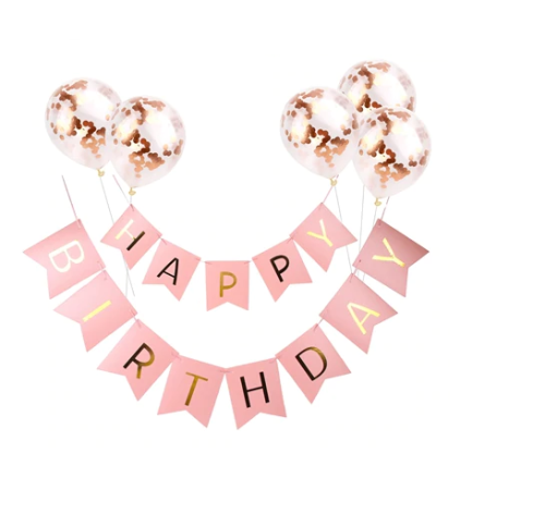 Zestaw baner Happy Birthday różowy z balonami konfetti