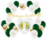 Balony na I Komunię Św. IHS biało zielone baner złoty