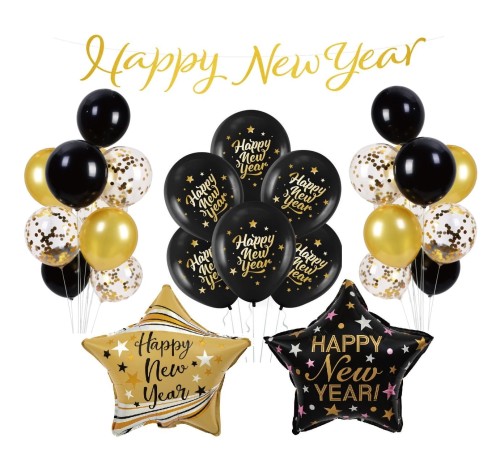 Balony na Sylwestra złoto czarne Happy New Year Girlanda złota Gwiazdy Hel