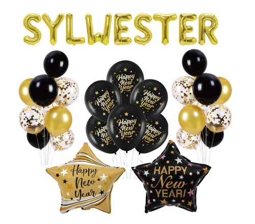 Balony na Sylwestra z napisem złotym z konfetti