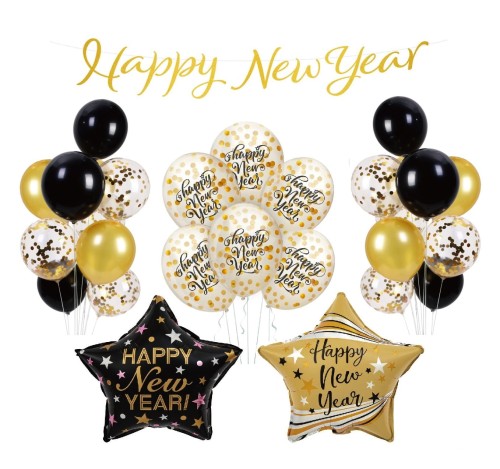 Zestaw balonów na Sylwestra balony z konfetti Baner Happy NEW YEAR Gwiazdy
