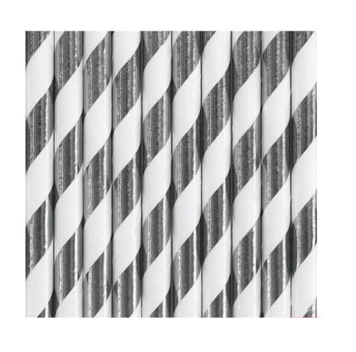 Słomki białe w srebrne paski 10szt.