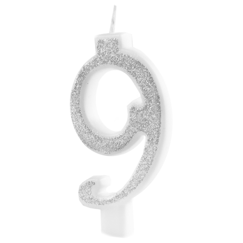 Świeczka na tort cyfra 9 srebrna brokatowa cyfra