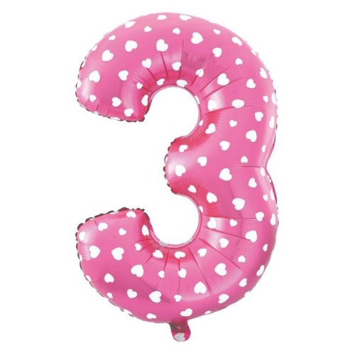 Balon foliowy różowa cyfra 3 w serduszka 40cm