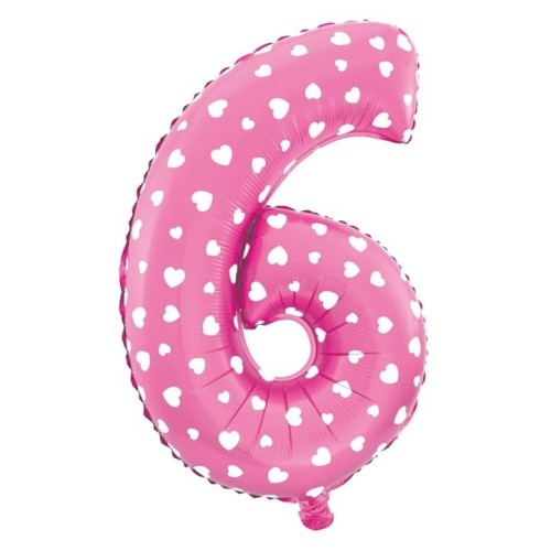 Balon foliowy różowa cyfra 6 w serduszka 40cm