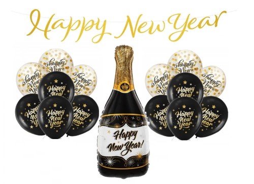 Balony na Sylwester baner Happy New Year z konfetti