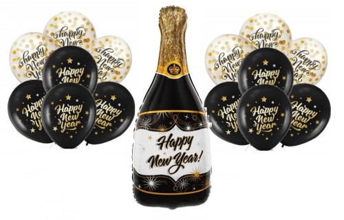 Zestaw balonów na Sylwestra czarno złote Happy New Year