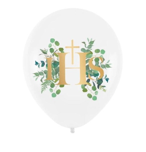 Zestaw balonów na Komunię 6 sztuk 30cm IHS Komunia Święta eukaliptus hel