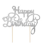 Topper na tort Happy Birthday srebrny brokatowy