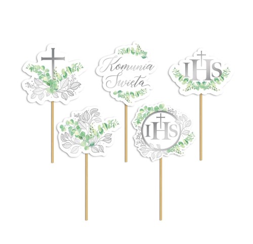 Toppery pikery na tort komunijny Eukaliptus srebrny 5 szt