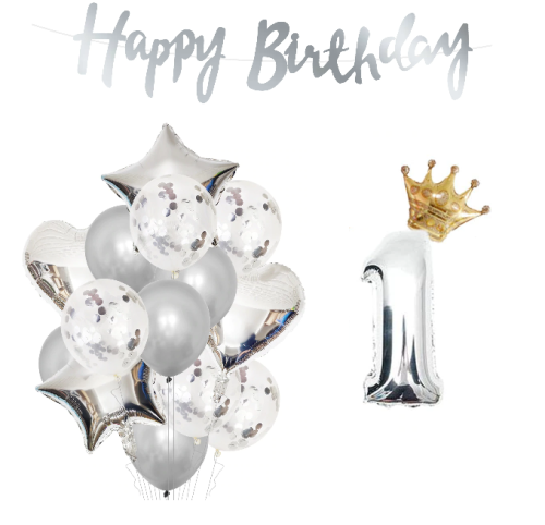 Zestaw z banerem Happy Birthday srebrne balony Roczek