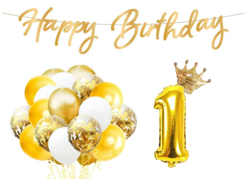 Zestaw na urodziny baner Happy Birthday złoty cyfra Roczek
