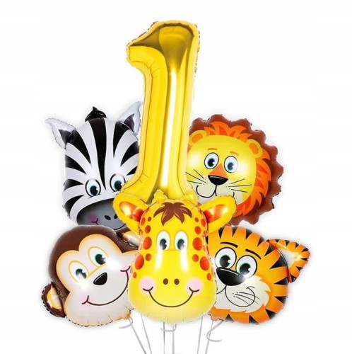 BALONY SAFARI Roczek Zestaw balonów ZOO Dżungla cyfra ROCZEK złota urodziny