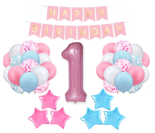 BALONY Roczek Dziewczynki cyfra 1 pudrowy róż 100cm Baner Happy Birthday