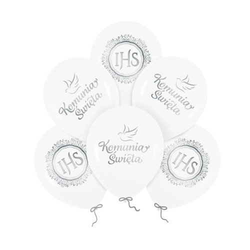 Balony lateksowe Komunia Święta IHS komunijne biodegradowalne biało-srebrne 12cali 6szt