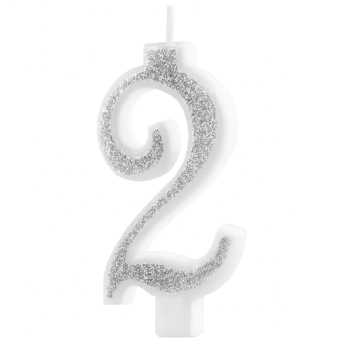 Świeczka na tort cyfra 2 srebrna brokatowa cyfra