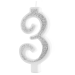 Świeczka na tort cyfra 3 srebrna brokatowa cyfra