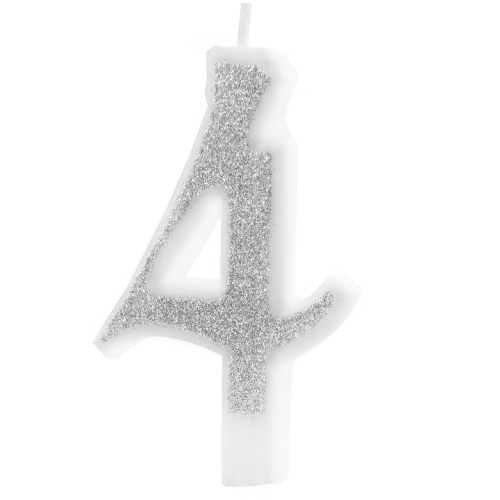 Świeczka na tort cyfra 4 srebrna brokatowa cyfra