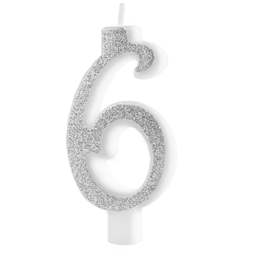 Świeczka na tort cyfra 6 srebrna brokatowa cyfra