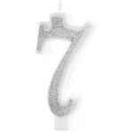 Świeczka na tort cyfra 7 srebrna brokatowa cyfra