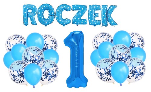 Zestaw balonów ROCZEK chłopca cyfra 1 100cm niebieskie balony napis HEL