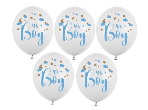 Balony lateksowe białe z nadrukiem It's a Boy Baby 12 cali 5 szt