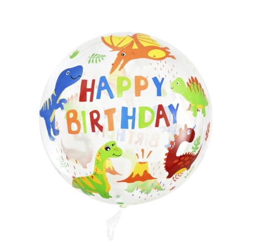 Balon bobo Dinozaury 45cm przezroczysty okrągły  Happy Birthday Buble
