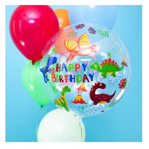 Balon bobo Dinozaury 45cm przezroczysty okrągły  Happy Birthday Buble
