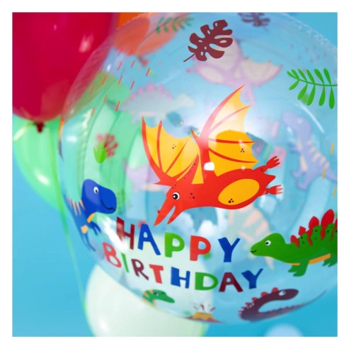 Balon bobo Dinozaury 45cm przezroczysty okrągły  Happy Birthday Buble