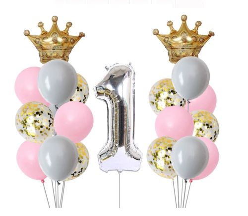 Zestaw balonów na Roczek dla dziewczynki z cyfrą srebrną
