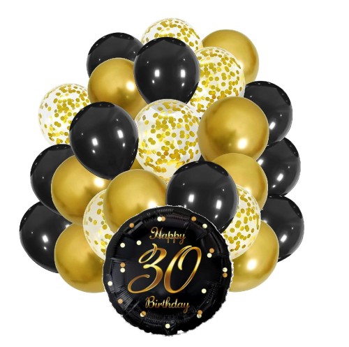 Zestaw balonów na 30stkę czarno złote z konfetti