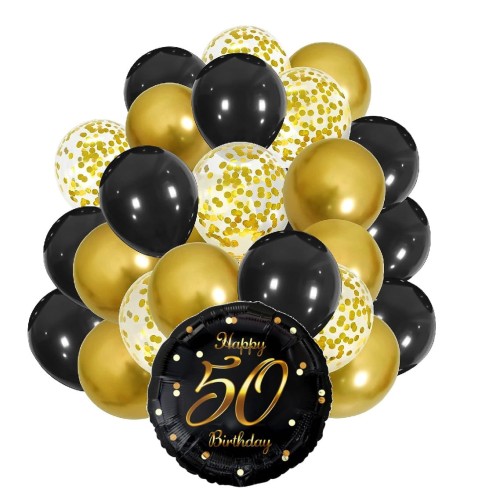 Zestaw balonów na 50tkę czarno złote z konfetti