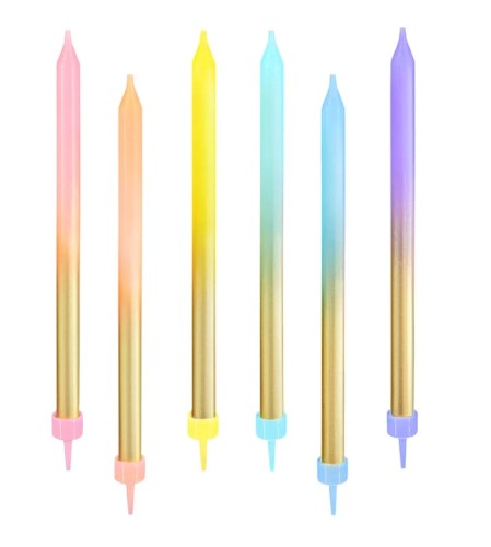Świeczki długie na tort urodzinowe złoto-tęczowe 6szt.