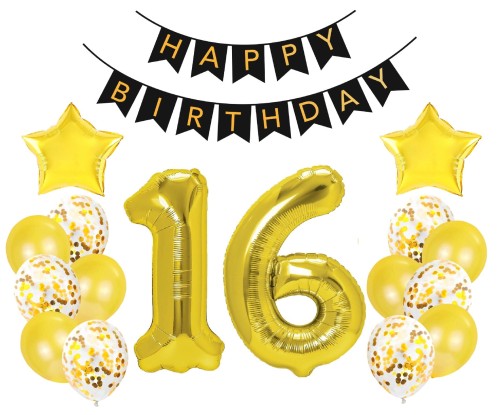 Zestaw balonów złotych na Urodziny z Banerem cyfry 16 70cm  Sweet Sixteen