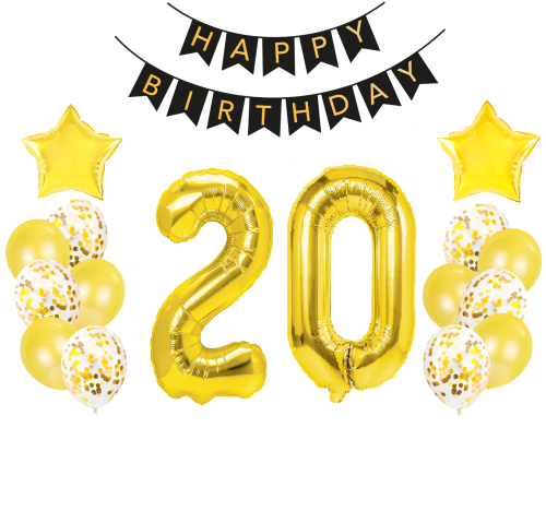Zestaw balonów złotych na Urodziny z Banerem cyfry 20 70cm Dwudzieste