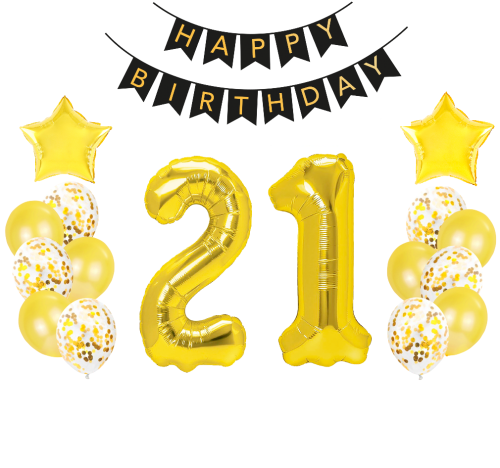 Zestaw balonów złotych na Urodziny z Banerem cyfry 21 70cm Dwudzieste
