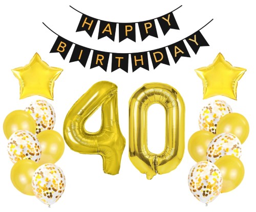 Zestaw balonów złotych na Urodziny z Banerem cyfry 40 70cm Czterdziestka