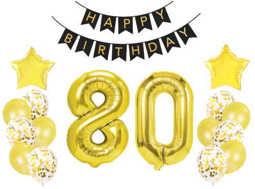 Zestaw balonów złotych na Urodziny z Banerem cyfry 80 70cm Faceta żony
