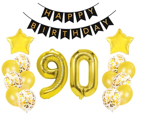 Zestaw balonów złotych na Urodziny z Banerem cyfry 90 70cm Faceta żony
