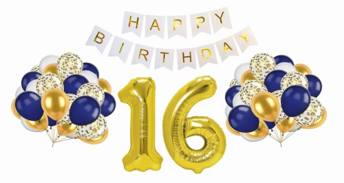 Zestaw na 16 urodziny Balony Baner Cyfry złoty 70cm Happy Birthday