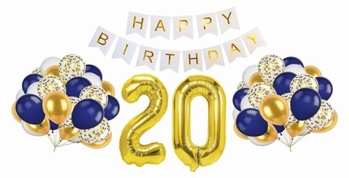 Zestaw na 20 urodziny Balony Baner Cyfry złoty 70cm Happy Birthday