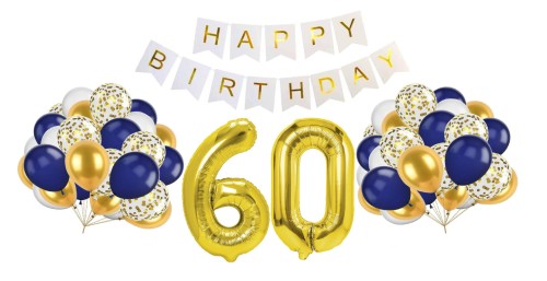 Zestaw na 60 urodziny Balony Baner Cyfry złoty 70cm Happy Birthday