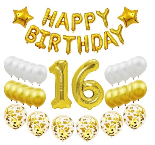 Zestaw balonów cyfry 70cm złote na 16 Urodziny balony Happy Birthday
