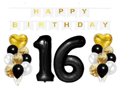 Zestaw balonów na Urodziny z czarnymi cyframi 16 100cm Duże Hel