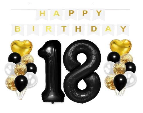 Zestaw balonów na Urodziny z czarnymi cyframi 18 100cm 18stka