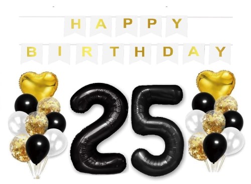 Zestaw balonów na Urodziny z czarnymi cyframi 25 100cm Duże Hel